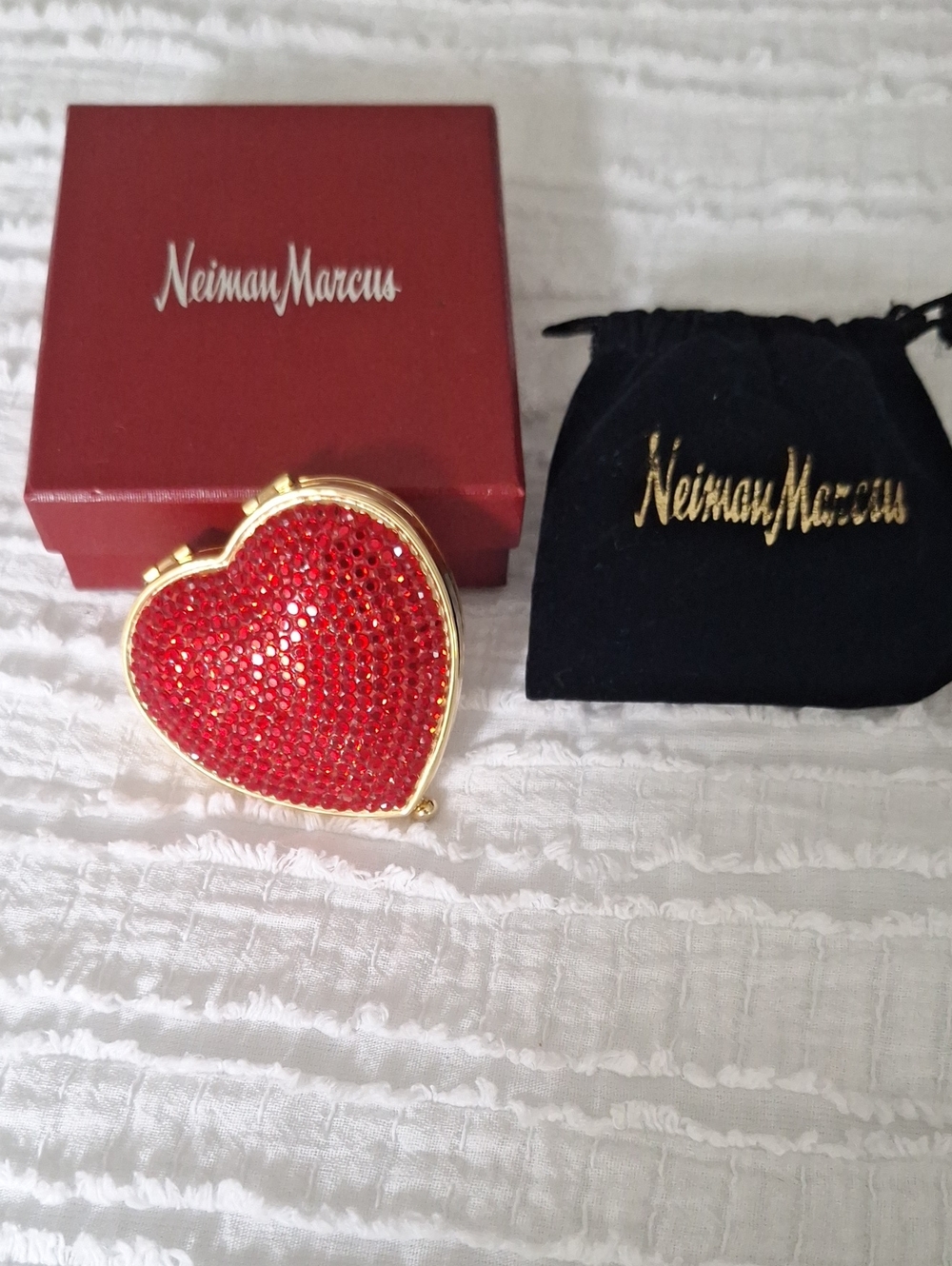 Vintage Neiman Marcus Red Rhinestone Heart Compact Mirror Set - Orig Bag & Box